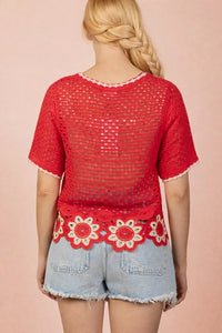 Red Floral Hem Crochet Button Down Top