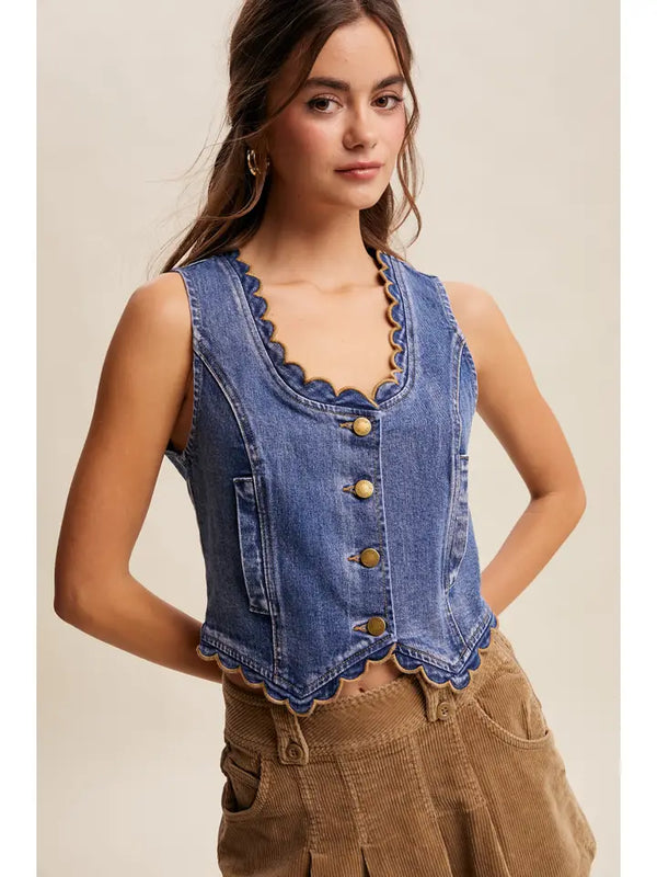 Scalloped Trim Denim Vest