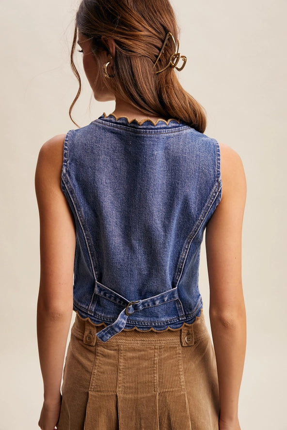 Scalloped Trim Denim Vest
